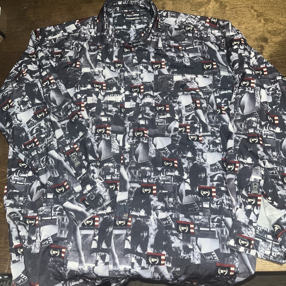 PHAT FARM Vintage Men's All Over Graphic Print Long Sleeve Button Up Shirt XL